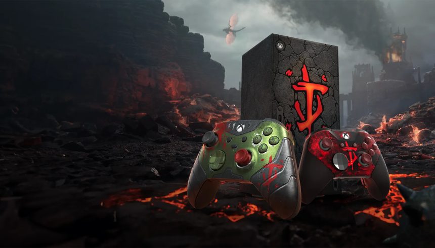 Doom: The Dark Ages Limited Edition Collection featuring two Xbox controllers (standard and Elite Series 2) and an Xbox Series X console wrap, all with themed designs.