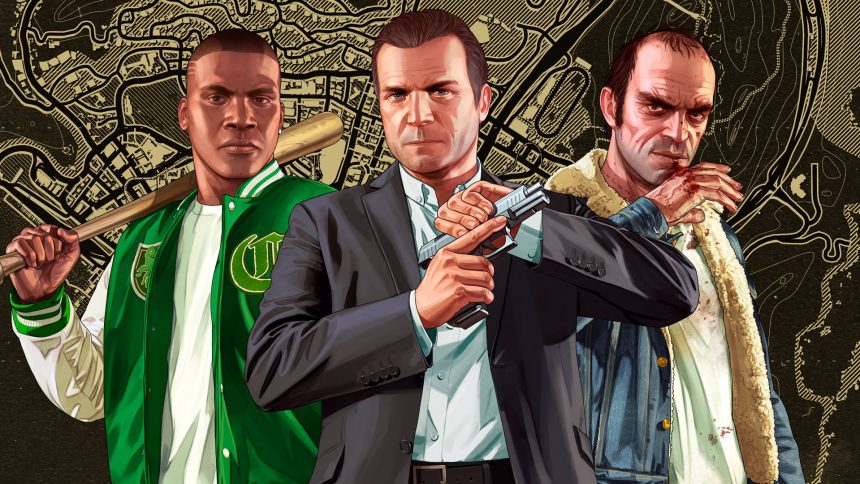 Artwork from Grand Theft Auto V featuring Franklin, Michael, and Trevor against a Los Santos map backdrop. Available with PC Game Pass Ultimate