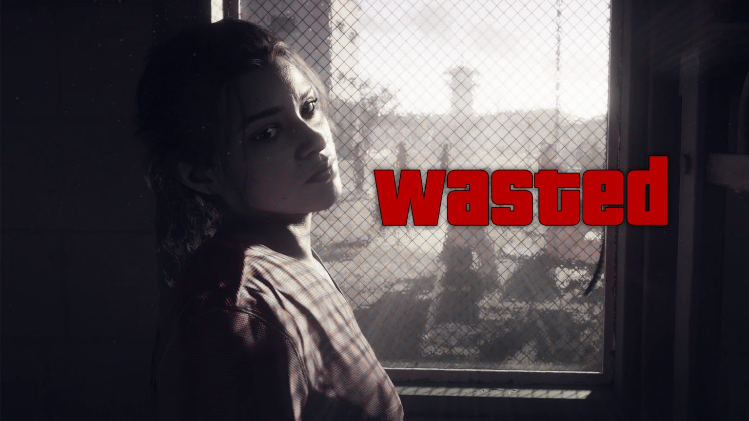 A dimly lit scene featuring a person near a window with the bold red text "Wasted," referencing GTA VI’s infamous game over screen.