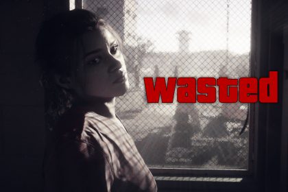 A dimly lit scene featuring a person near a window with the bold red text "Wasted," referencing GTA VI’s infamous game over screen.